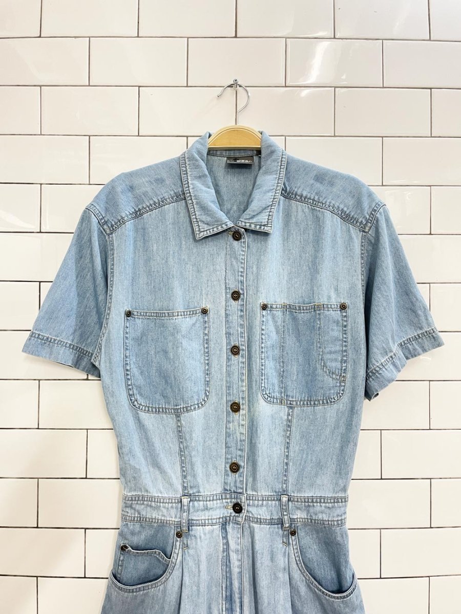 vintage 90s lizwear pleated denim shirt romper | liz claiborne - good market thrift store
