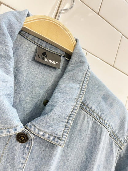 vintage 90s lizwear pleated denim shirt romper | liz claiborne - good market thrift store