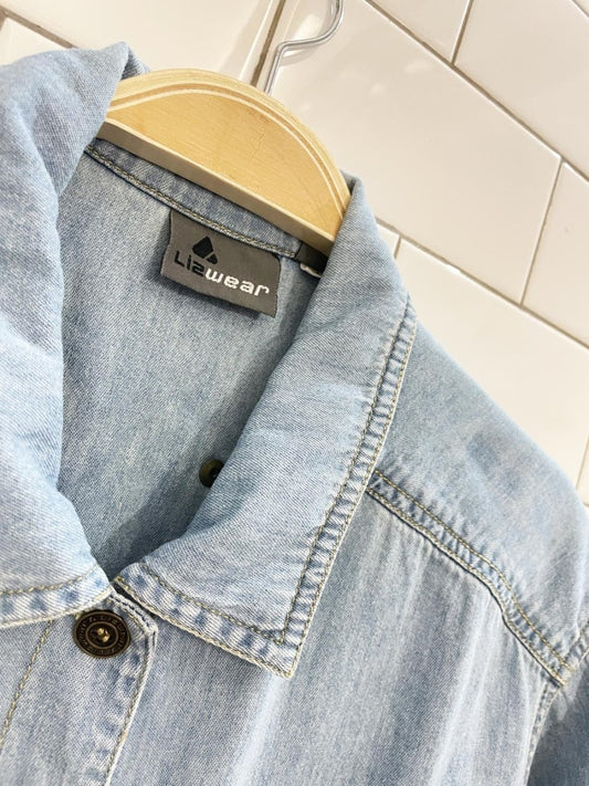 vintage 90s lizwear pleated denim shirt romper | liz claiborne - good market thrift store