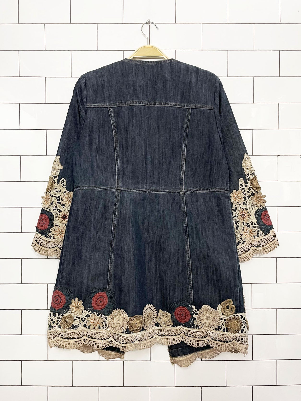 vintage chicos boho floral embroidered open denim jacket | made in india