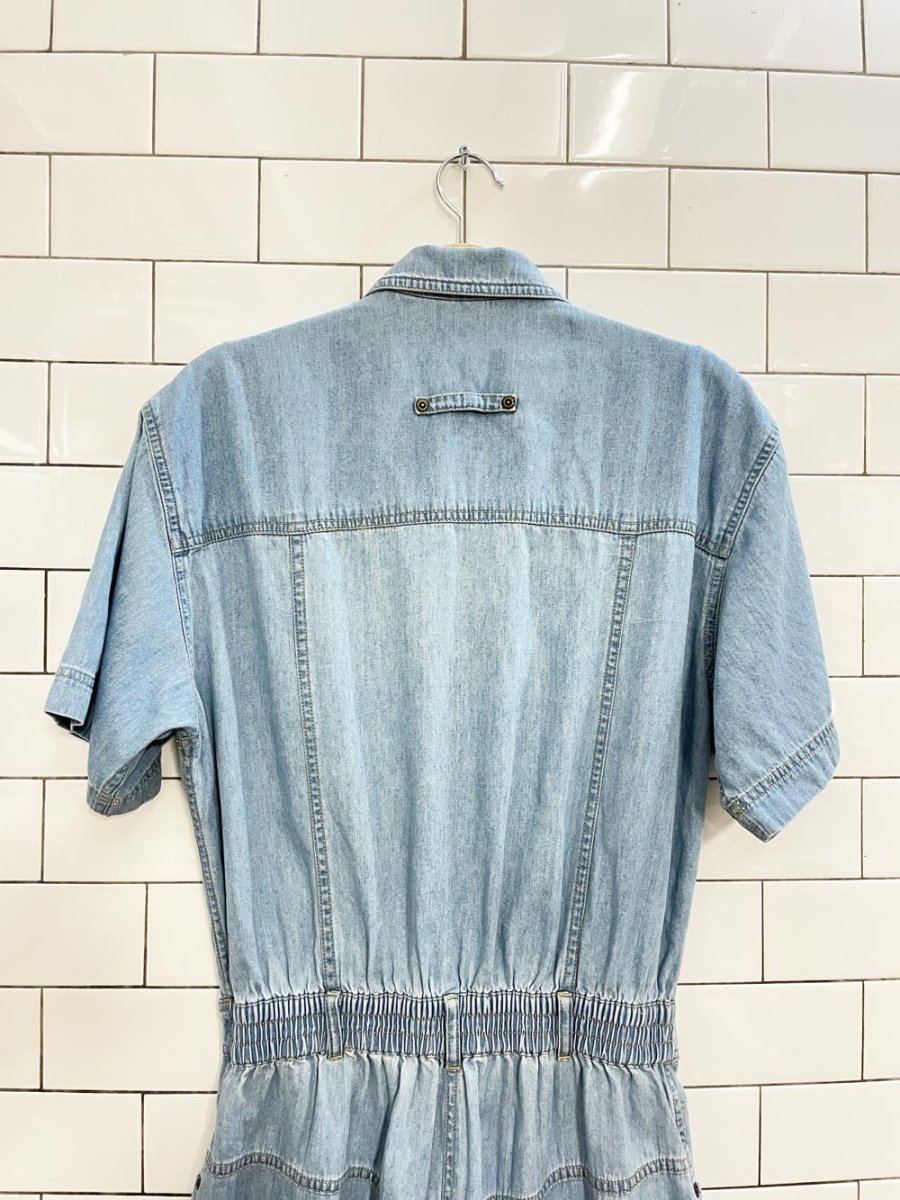 vintage 90s lizwear pleated denim shirt romper | liz claiborne - good market thrift store