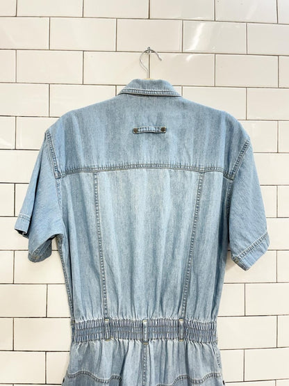 vintage 90s lizwear pleated denim shirt romper | liz claiborne - good market thrift store