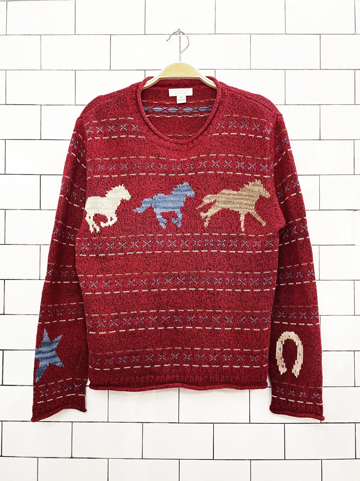 vintage 00s christopher & banks ramie-blend horses boxy knit sweater