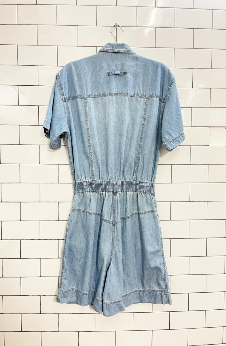 vintage 90s lizwear pleated denim shirt romper | liz claiborne - good market thrift store