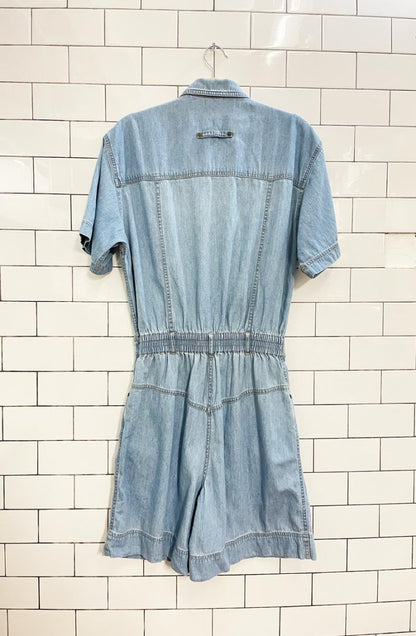 vintage 90s lizwear pleated denim shirt romper | liz claiborne - good market thrift store