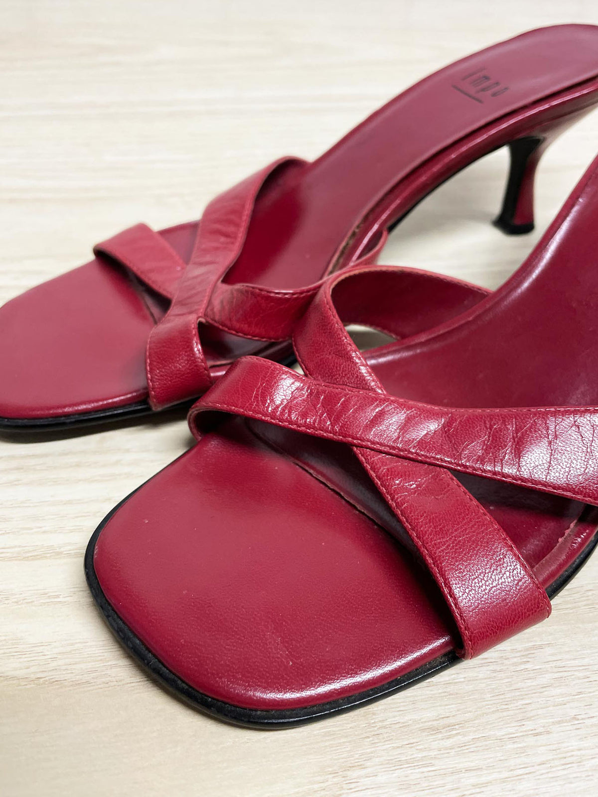 y2k impo leather criss cross sandal kitten heel
