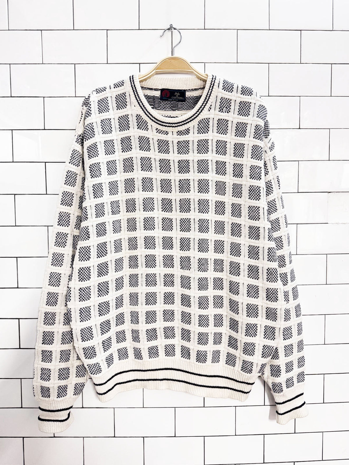 vintage isle of cotton windowpane 3D knit sweater | made in USA