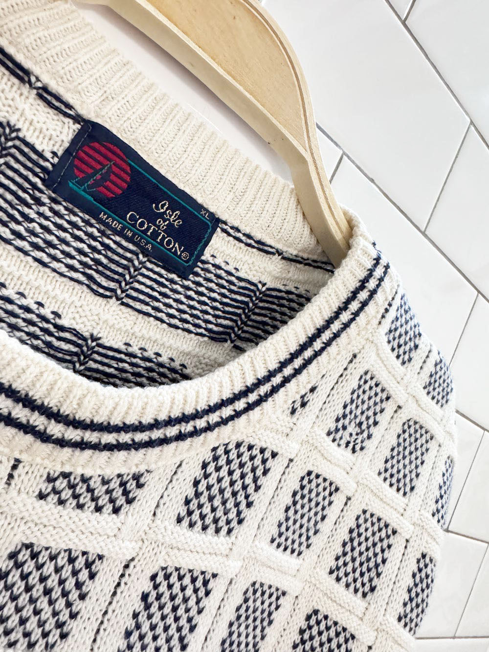 vintage isle of cotton windowpane 3D knit sweater | made in USA