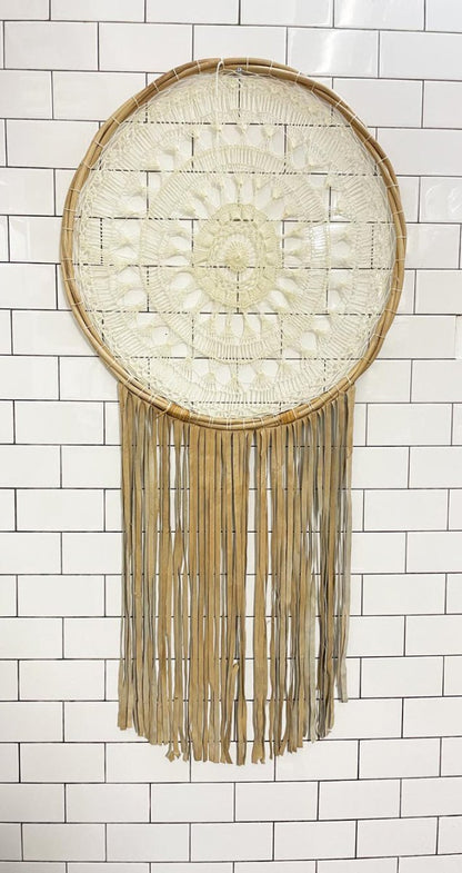 large boho macrame leather fringe decor - good market thrift store