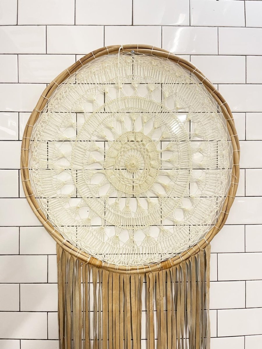 large boho macrame leather fringe decor - good market thrift store