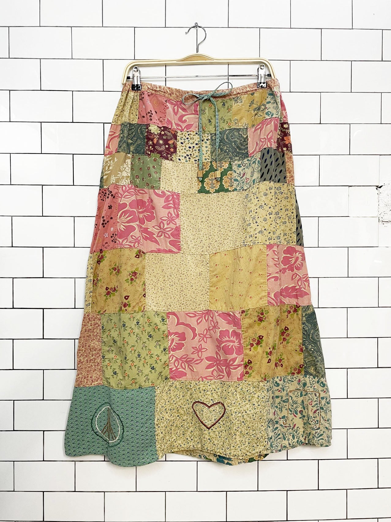 vintage blue sky boho patchwork floral drawstring maxi skirt | made in India