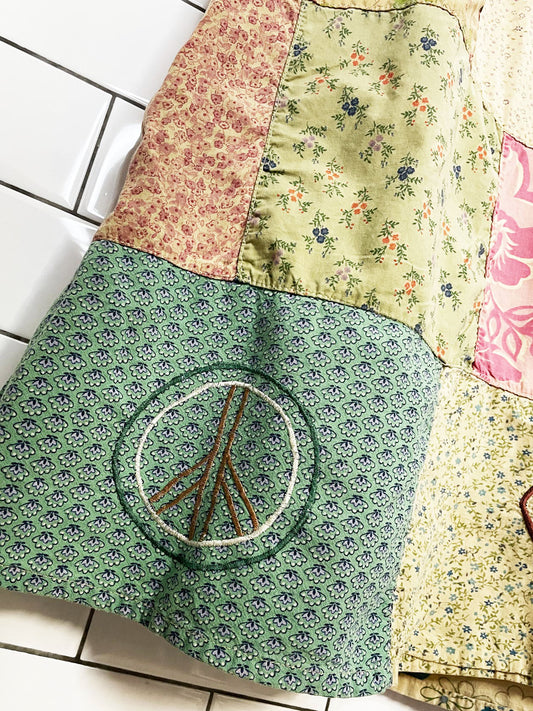 vintage blue sky boho patchwork floral drawstring maxi skirt | made in India