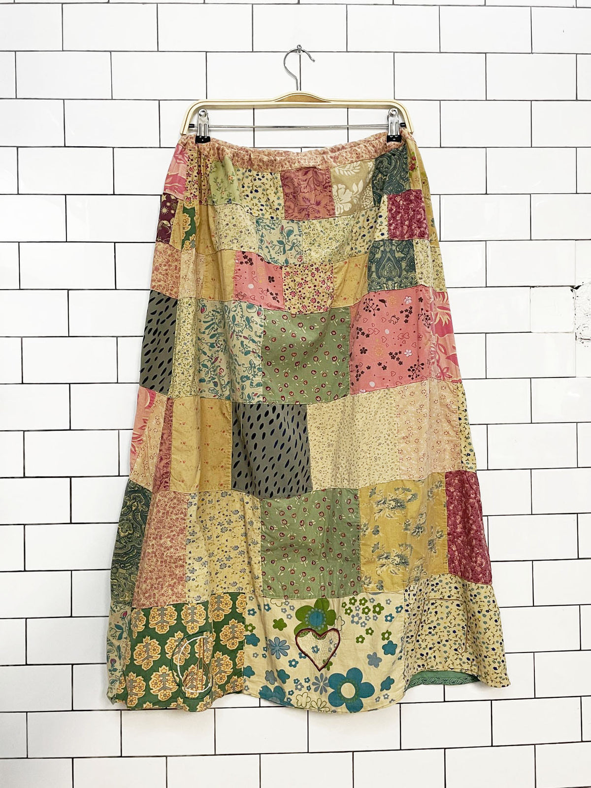 vintage blue sky boho patchwork floral drawstring maxi skirt | made in India