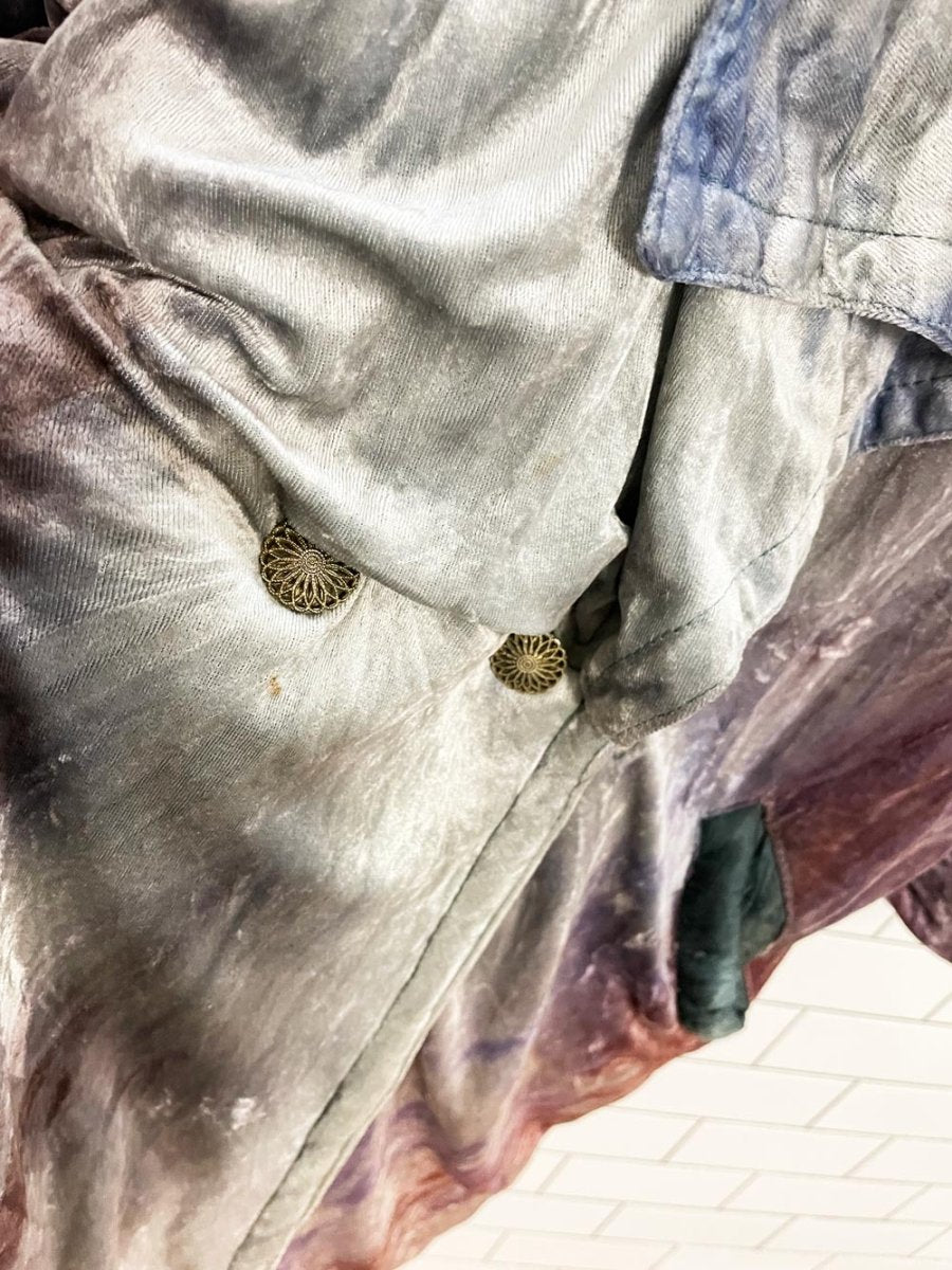 vintage 80s boho velvet watercolour ruched long coat - good market thrift store