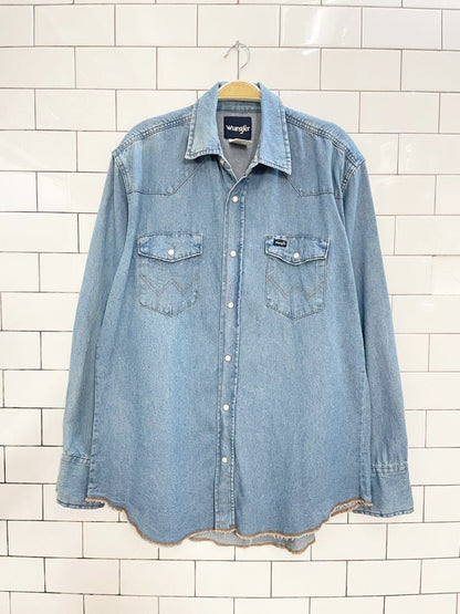 vintage 00s wrangler denim frayed edge snap button western shirt - good market thrift store