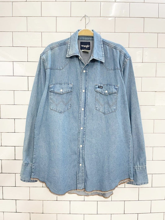vintage 00s wrangler denim frayed edge snap button western shirt - good market thrift store