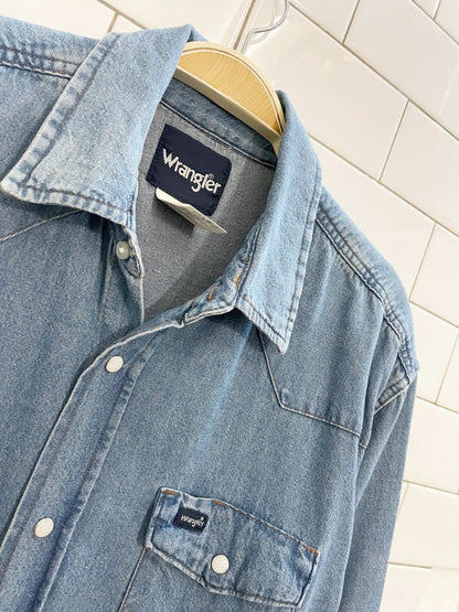 vintage 00s wrangler denim frayed edge snap button western shirt - good market thrift store
