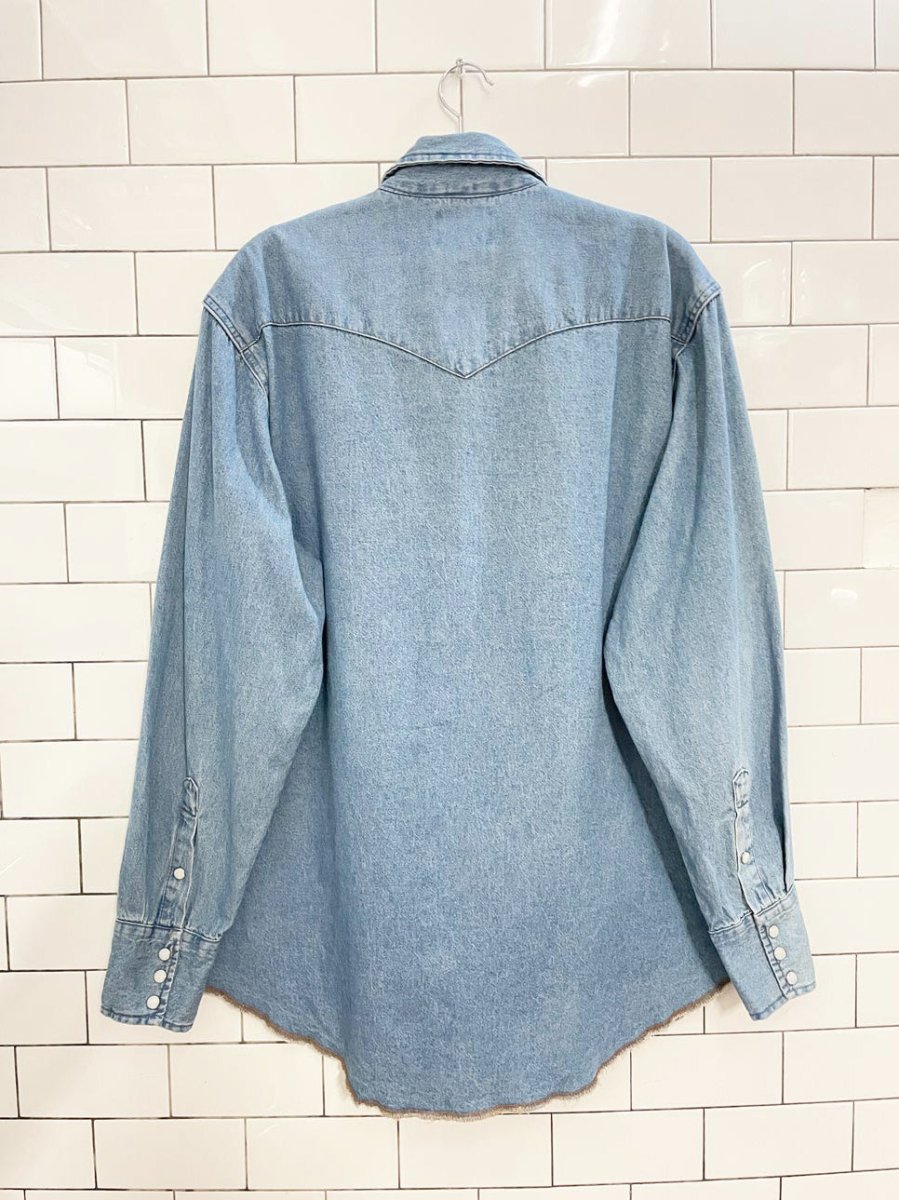 vintage 00s wrangler denim frayed edge snap button western shirt - good market thrift store