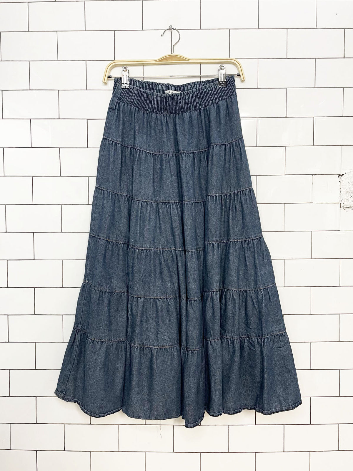 vintage papillon denim boho tiered maxi skirt