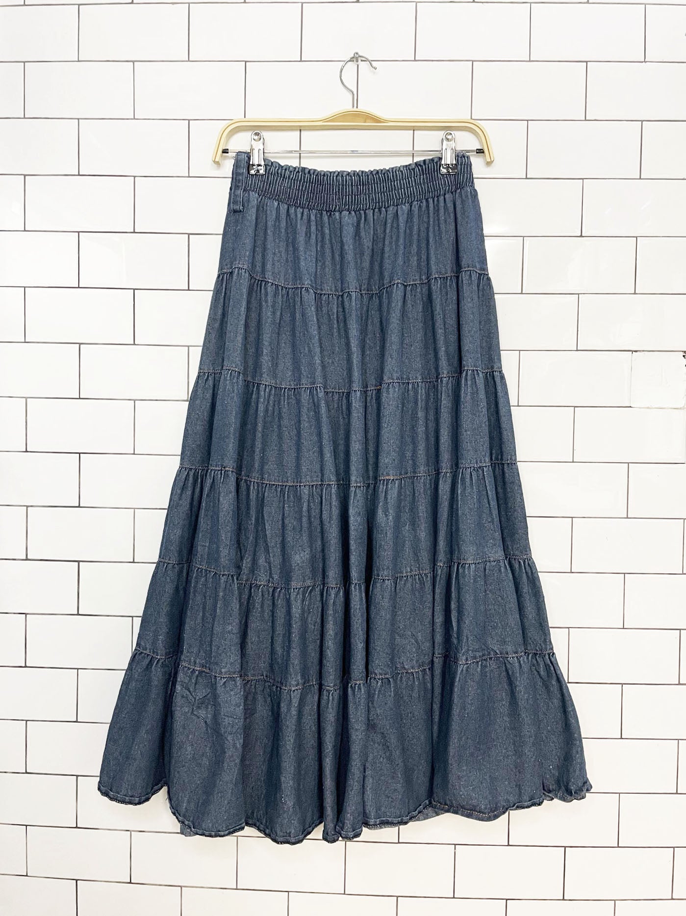 vintage papillon denim boho tiered maxi skirt