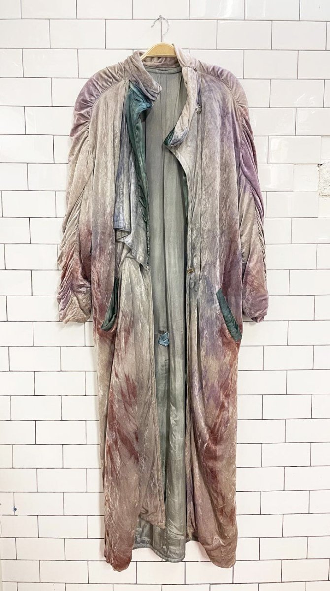 vintage 80s boho velvet watercolour ruched long coat - good market thrift store