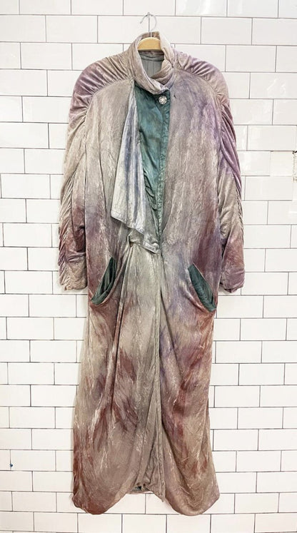 vintage 80s boho velvet watercolour ruched long coat - good market thrift store
