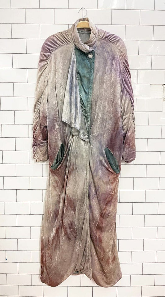 vintage 80s boho velvet watercolour ruched long coat - good market thrift store
