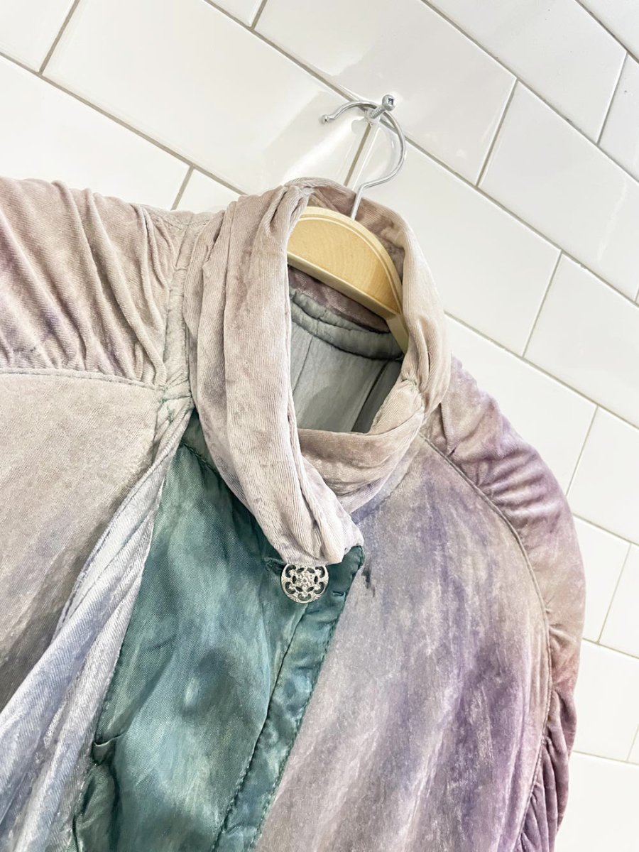 vintage 80s boho velvet watercolour ruched long coat - good market thrift store