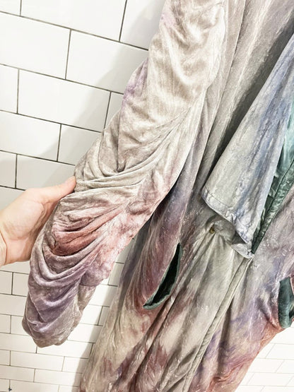 vintage 80s boho velvet watercolour ruched long coat - good market thrift store