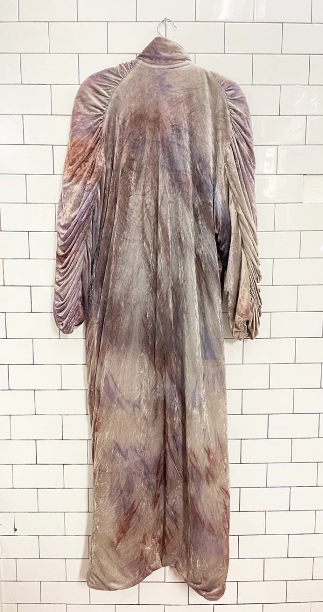 vintage 80s boho velvet watercolour ruched long coat - good market thrift store