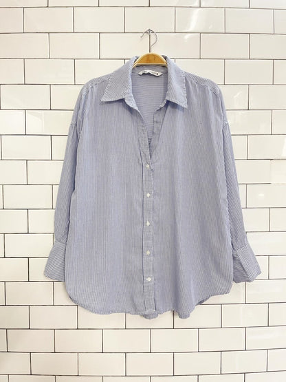 zara blue stripe v - neck menswear shirt - good market thrift store