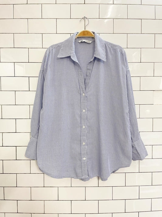 zara blue stripe v - neck menswear shirt - good market thrift store