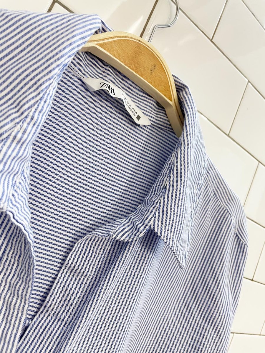 zara blue stripe v - neck menswear shirt - good market thrift store
