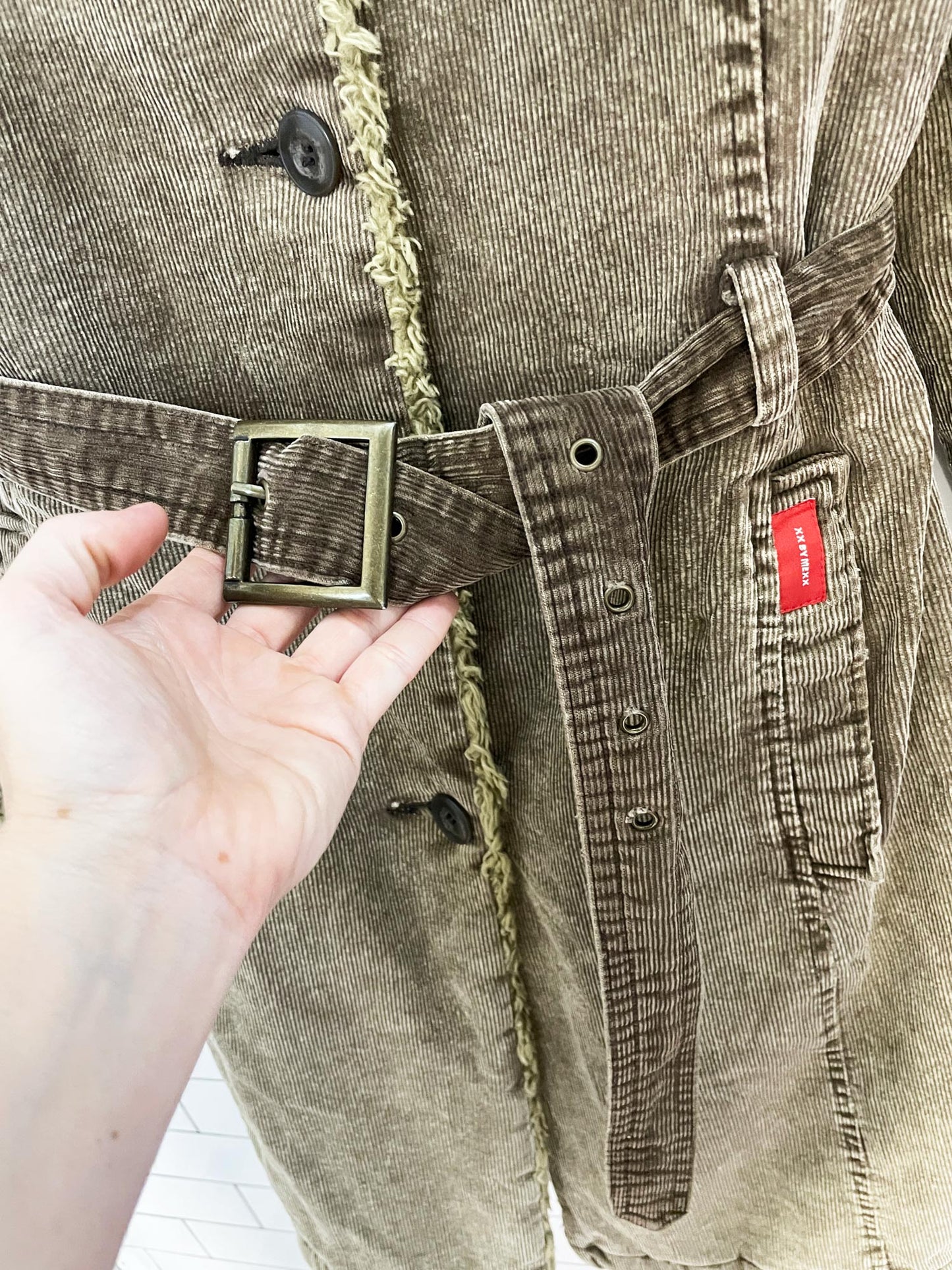 y2k xx by mexx sherpa trim corduroy long belted jacket