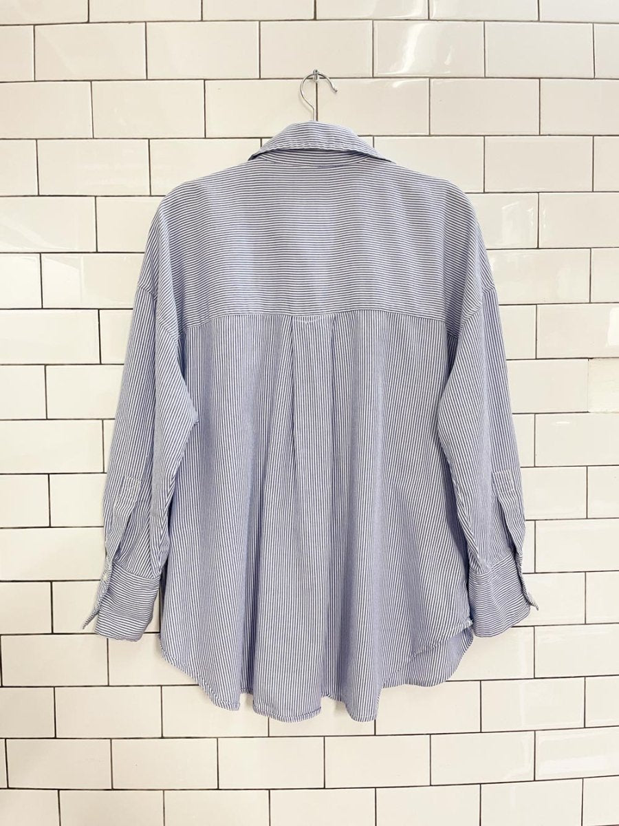 zara blue stripe v - neck menswear shirt - good market thrift store