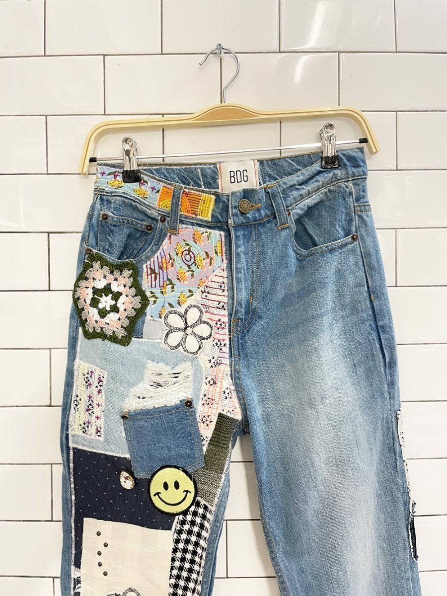UO bdg boho patchwork flare leg jean | indigo craft - good market thrift store