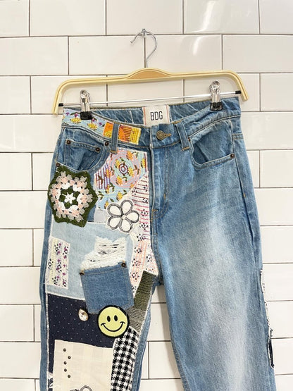 UO bdg boho patchwork flare leg jean | indigo craft - good market thrift store