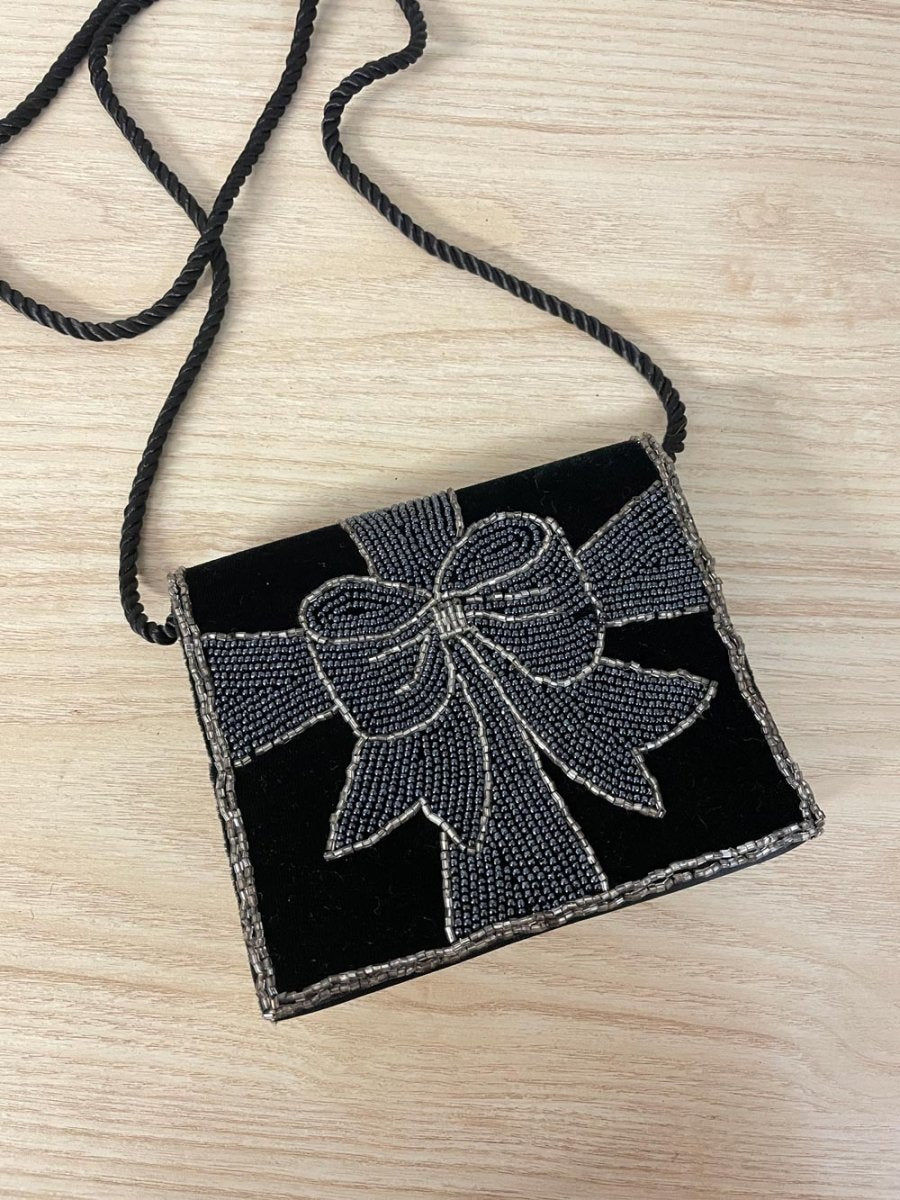 beaded bow satin velvet crossbody bag - good market thrift store