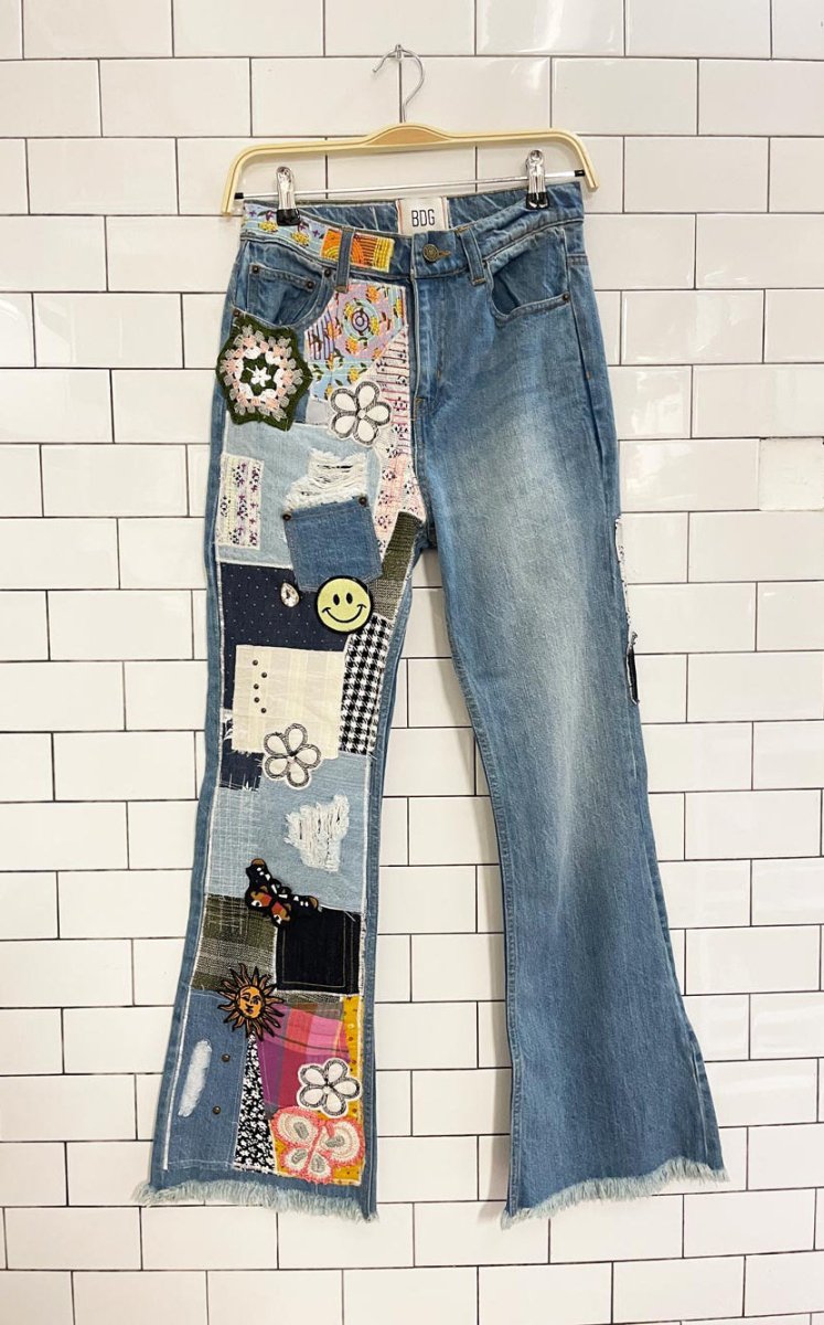 UO bdg boho patchwork flare leg jean | indigo craft - good market thrift store