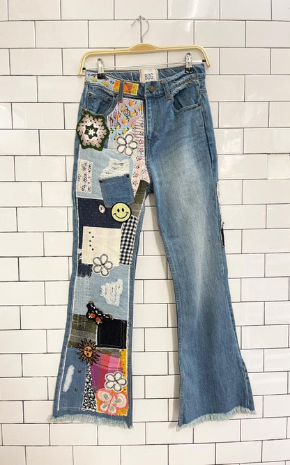 UO bdg boho patchwork flare leg jean | indigo craft - good market thrift store
