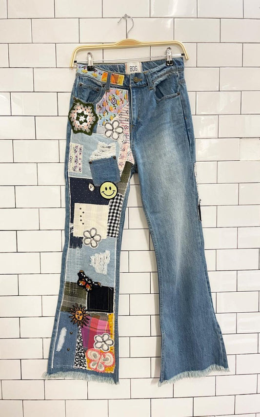 UO bdg boho patchwork flare leg jean | indigo craft - good market thrift store