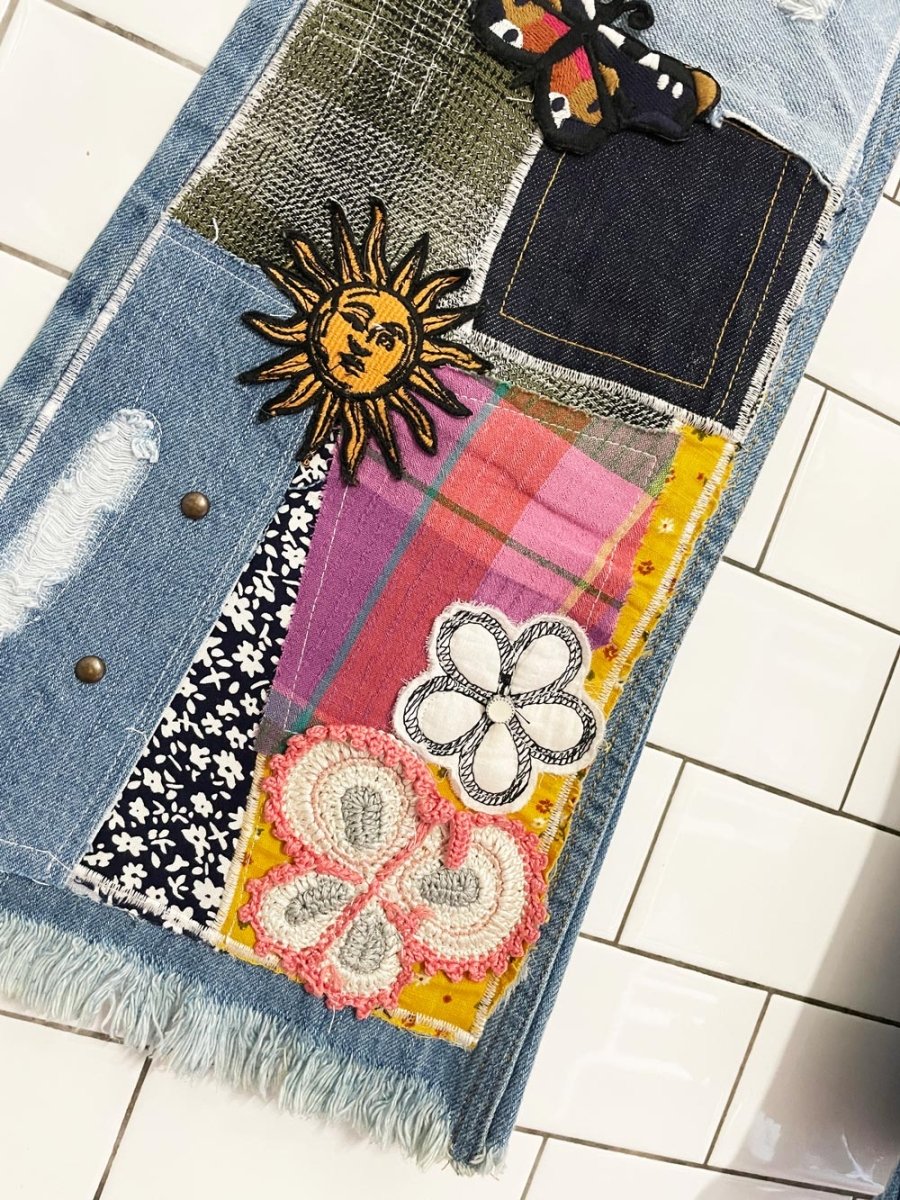 UO bdg boho patchwork flare leg jean | indigo craft - good market thrift store