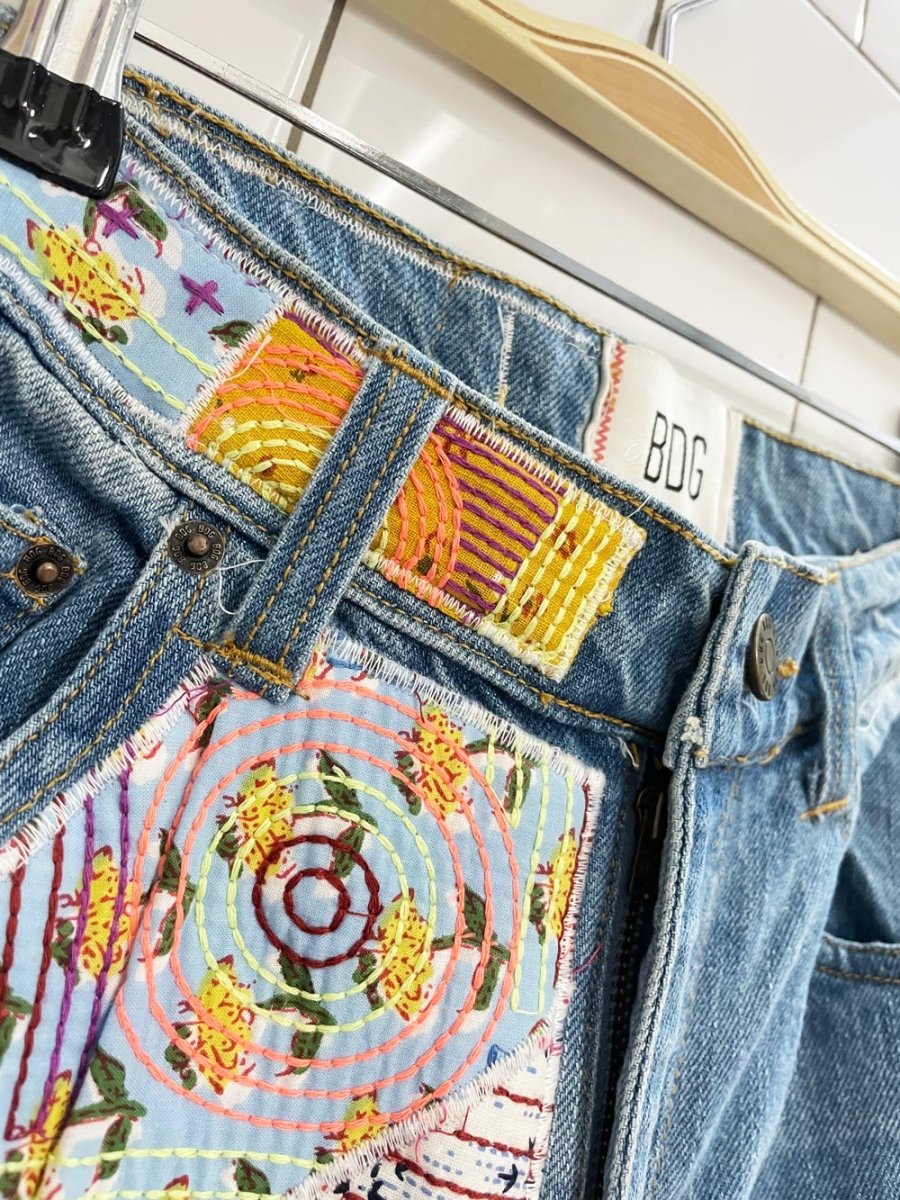 UO bdg boho patchwork flare leg jean | indigo craft - good market thrift store