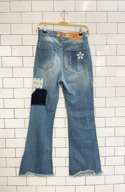 UO bdg boho patchwork flare leg jean | indigo craft - good market thrift store