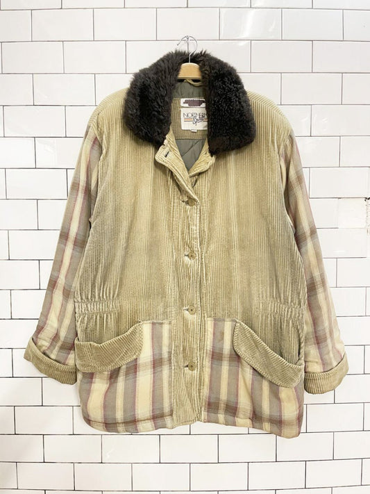 vintage 90s northern spirit plaid trim chunky cord barn coat - good market thrift store