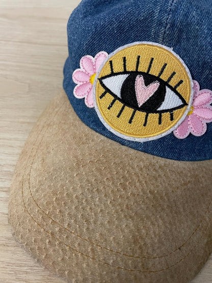 rework x vintage 90s suede brim evil eye festival denim hat - good market thrift store