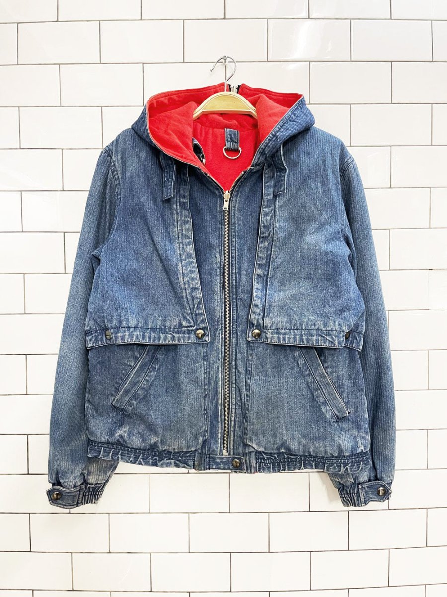 vintage 90s andy johns hooded denim vest jacket combo | flannel lined - good market thrift store