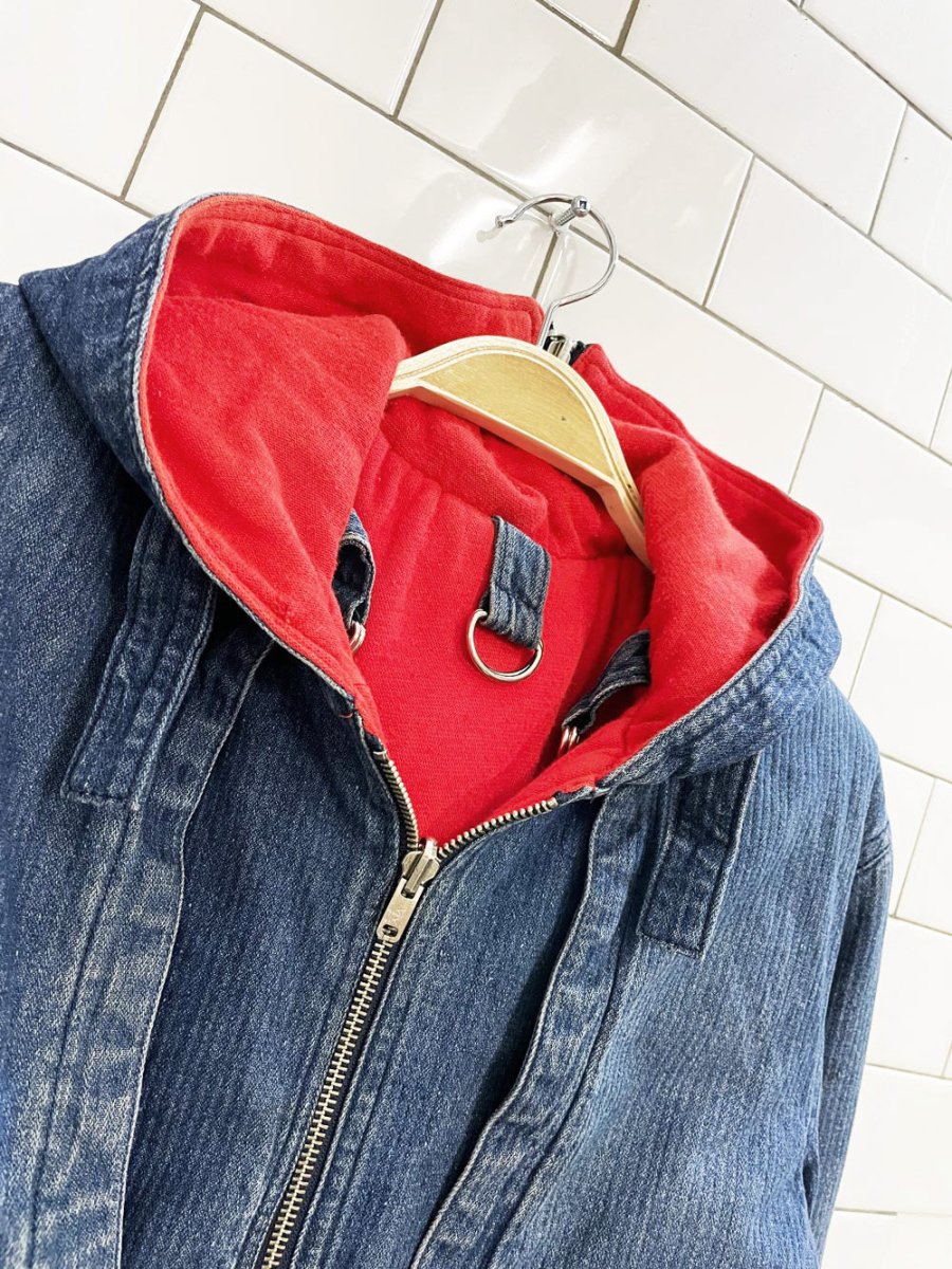 vintage 90s andy johns hooded denim vest jacket combo | flannel lined - good market thrift store