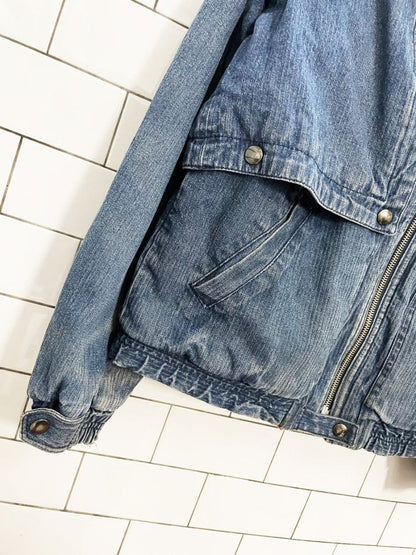 vintage 90s andy johns hooded denim vest jacket combo | flannel lined - good market thrift store