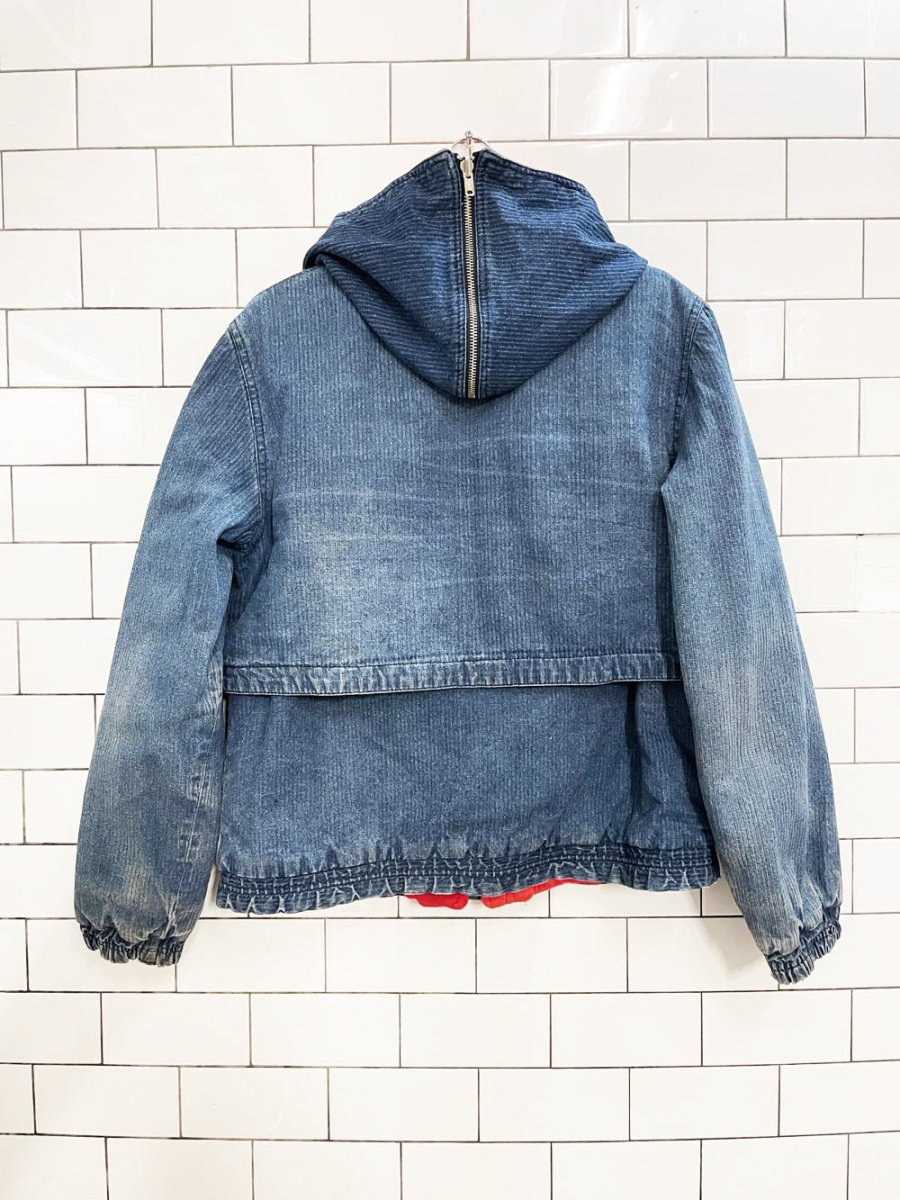 vintage 90s andy johns hooded denim vest jacket combo | flannel lined - good market thrift store